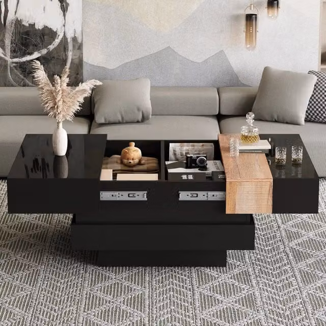 Tavolino da Salotto Quadrato 70x70x39 cm, Estensibile con Vano Portaoggetti Nascosto, Design Color Block, Finitura Lucida, MDF, Nero