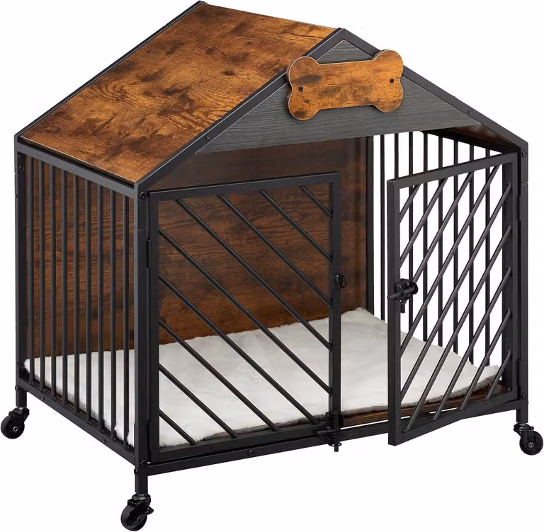 Trasportino per cani da interno - Design industriale su ruote - Realizzato in MDF e acciaio - Colore marrone e nero - Dimensioni: 73x70x53 cm