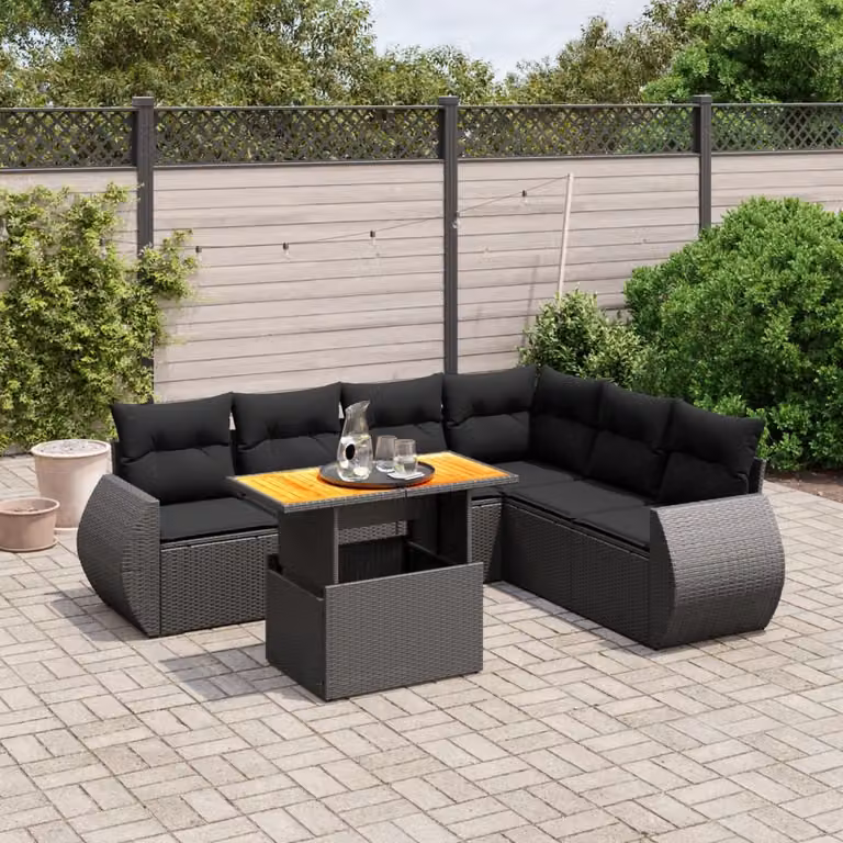 vidaXL Set Divano da Giardino a L con Cuscini 7pz Nero in Polyrattan e Legno di Acacia