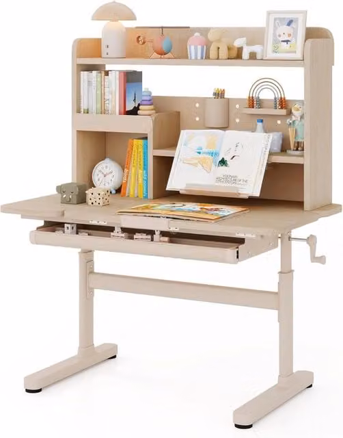 Scrivania per Bambini 3+ Anni, Tavolo da Studio Regolabile in Altezza con Libreria e Cassetto, Piano Inclinabile, Mensole, Leggio e Portapenne, Scrivania per Studiare (Giallo)