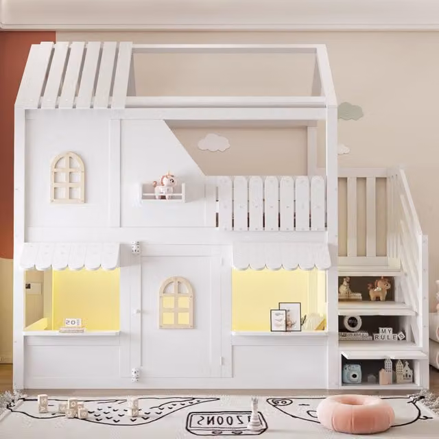 Letto a castello per bambini a casetta 90x200 cm in legno bianco con scala contenitore e illuminazione a LED