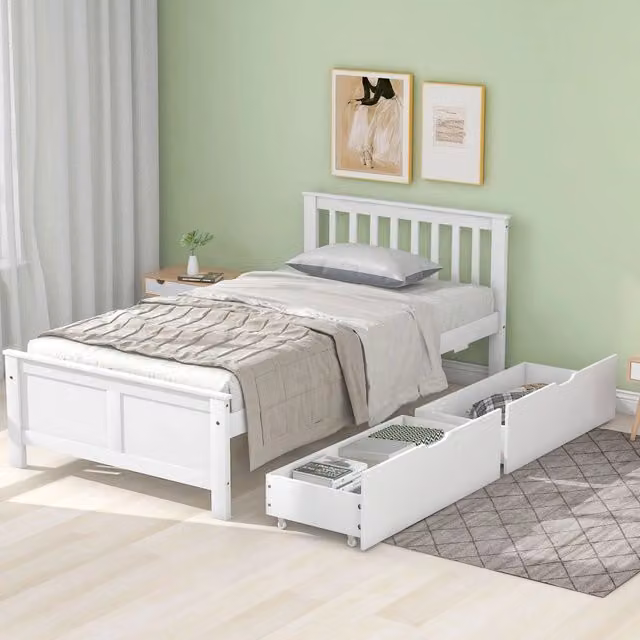 Letto singolo in legno, letto per ragazzi, letto per adulti, con cassetti contenitore, struttura in legno di pino, bianco (90x200 cm)