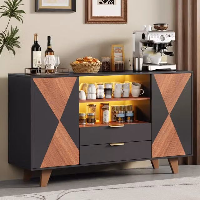 Credenza REDOM con illuminazione LED integrata in MDF e metallo, colore beige e nero, L 150 cm x P 40 cm x H 90 cm