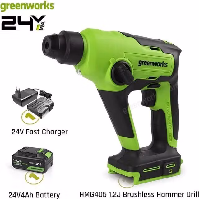 Trapano a percussione senza fili Greenworks HMG405 24V con batteria da 4 Ah e caricabatterie inclusi, colore verde