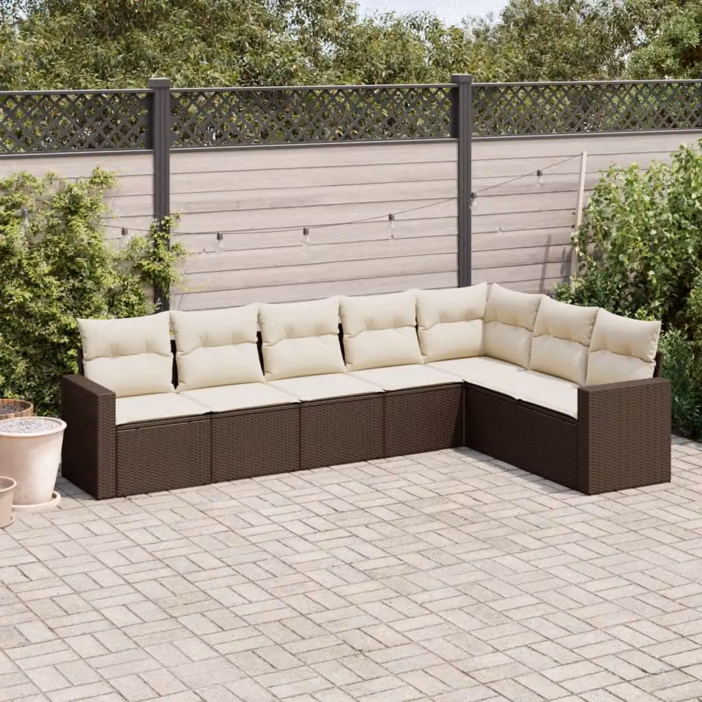 Set Divano da Giardino a L vidaXL 7pz con Cuscini Marrone e Bianco in Polyrattan e Metallo – 1