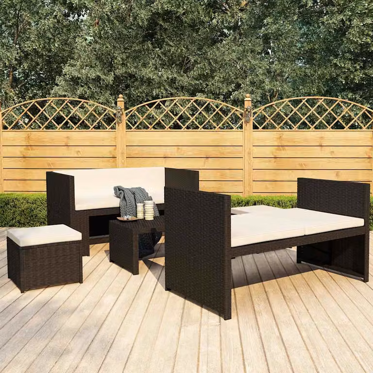 Set di divani da giardino vidaXL a forma di L composto da 5 pezzi con cuscini, tavolino e struttura in rattan e metallo nero