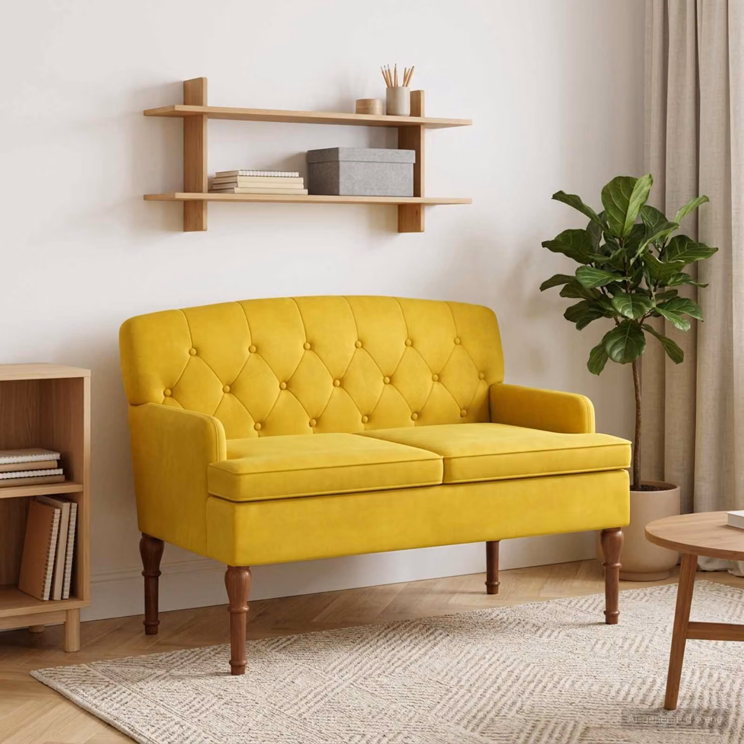 Loveseat vidaXL in velluto giallo con bottoni imbottiti L: 111 cm, P: 65 cm, H: 79 cm