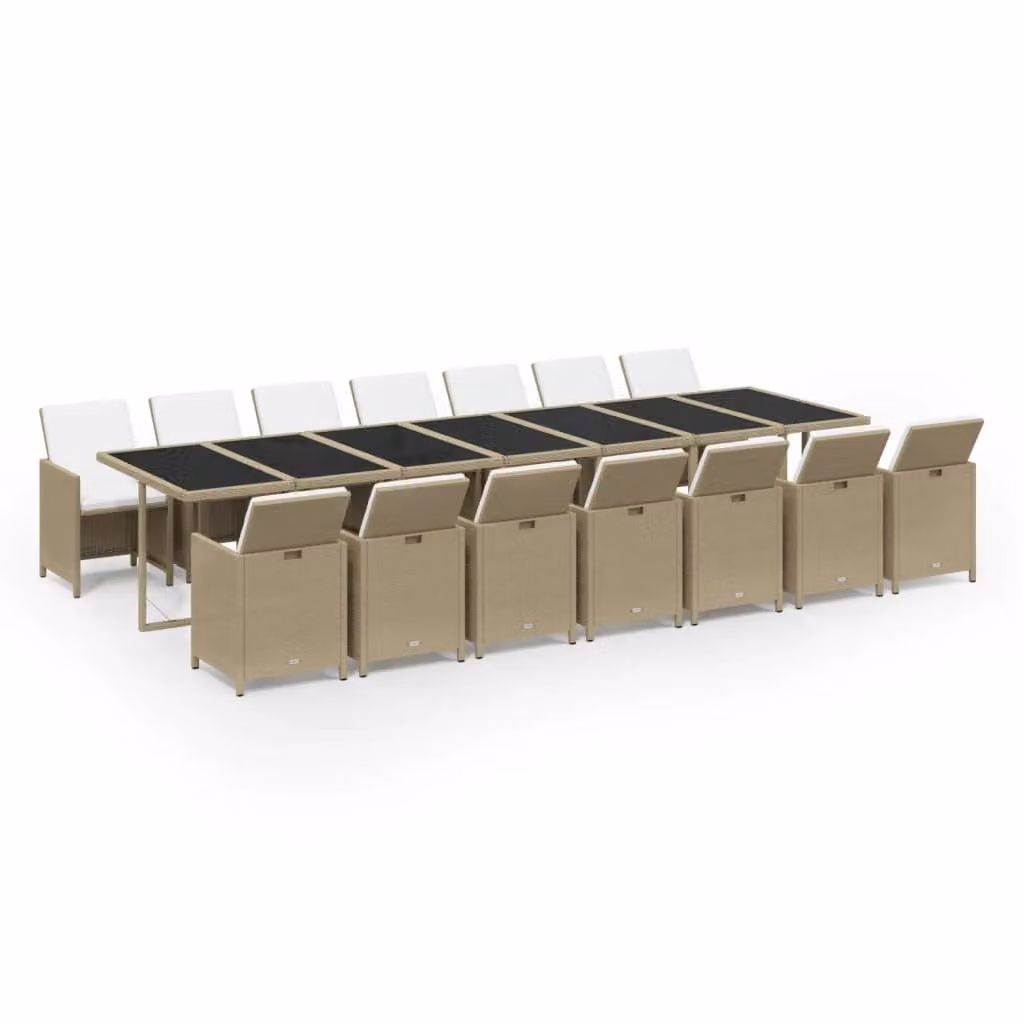 Set da Pranzo da Giardino 15 pz con Cuscini in Polyrattan Beige