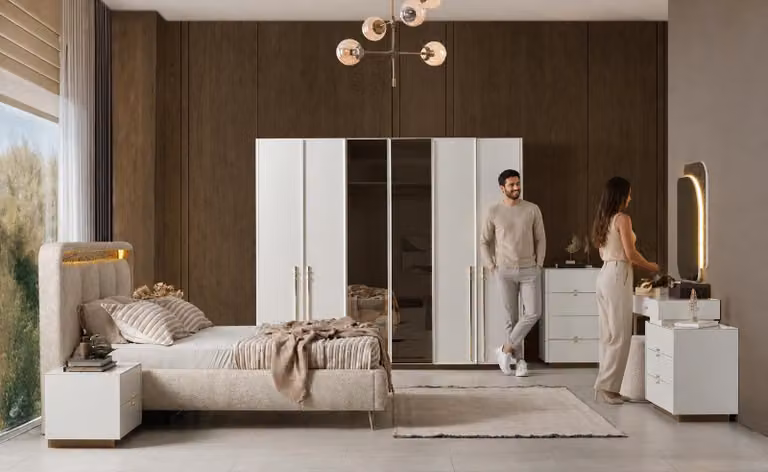 Letto matrimoniale, comodino, armadio, tavolino da trucco, cassettiera, design moderno