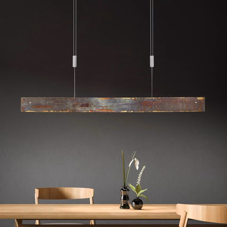 Lampada LED a sospensione Malu di Quitani, ossidata oro, lunghezza 100 cm dimmerabile, Ottone / Oro, Soggiorno / Sala da pranzo, Alluminio, Moderno