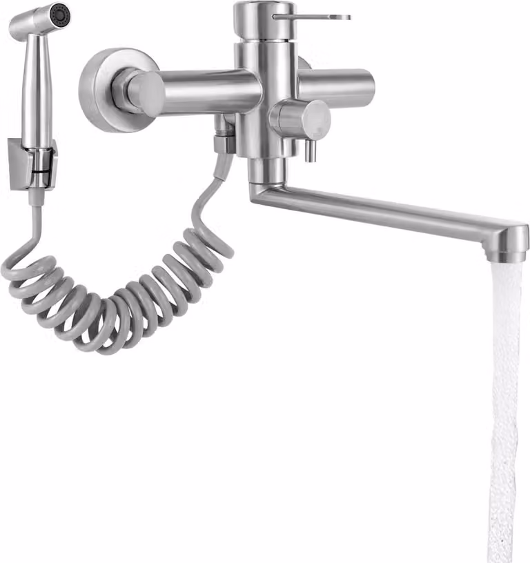 Rubinetto da cucina a parete, miscelatore per acqua calda e fredda, funzione spray, argento