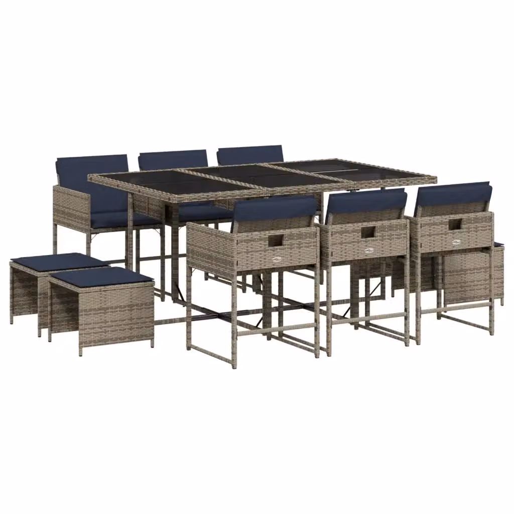 Set da pranzo da giardino vidaXL in polyrattan con cuscini e piano in vetro, 11 pezzi, Grigio – 2