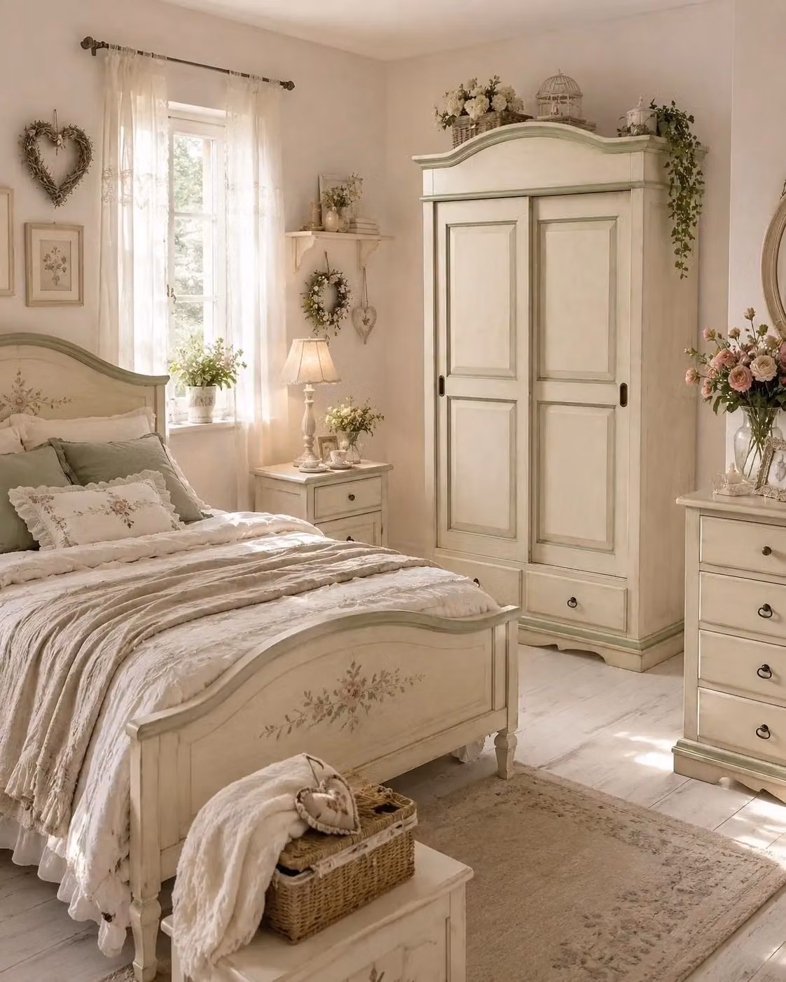 Armadio Mobili 2G in legno stile shabby chic con 2 ante scorrevoli, colore avorio anticato e dettagli verde, L: 122 cm, P: 59 cm, H: 200 cm – 2