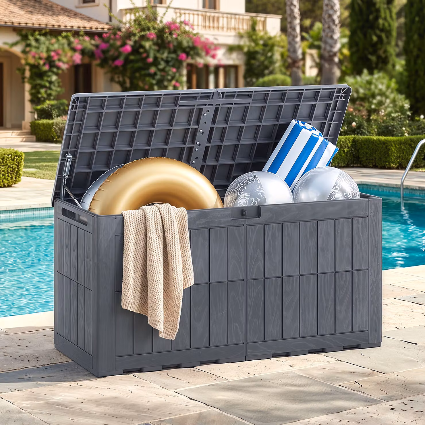 Cassapanca da giardino Costway con coperchio e serratura, contenitore antintemperie Grigio per piscina e soggiorno