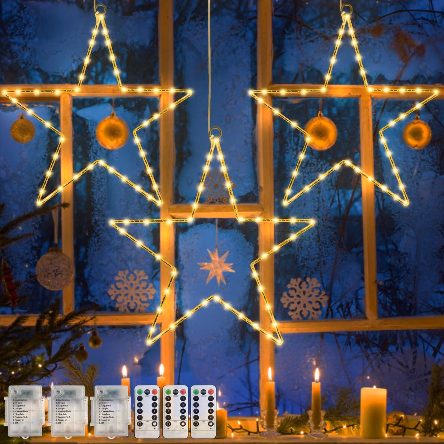 Set di 3 decorazioni a forma di stella per finestre, con 45 LED, alimentate a batteria, 40 cm di lunghezza, luce bianco caldo, grado di protezione IP65