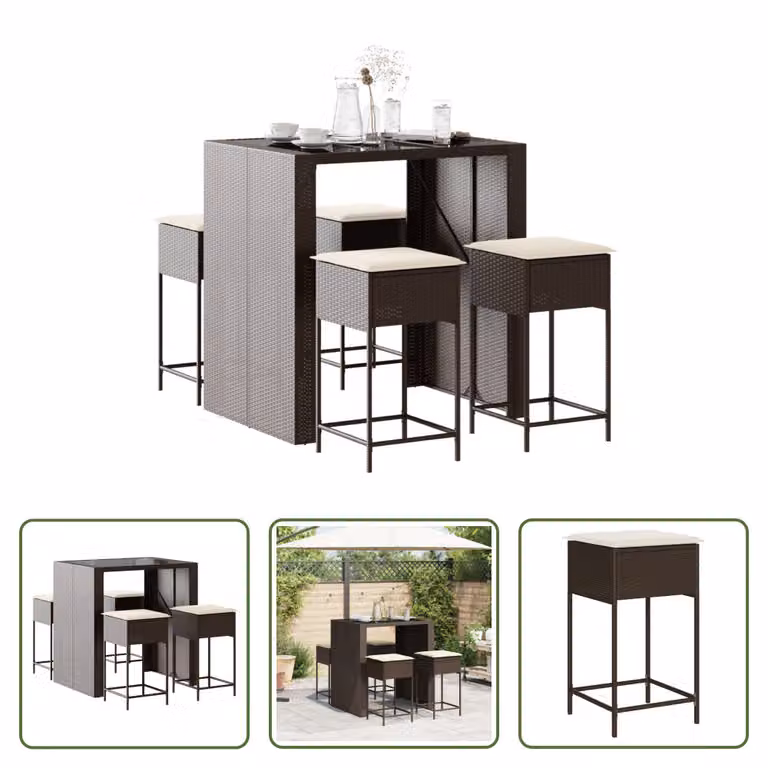 The Living Store Set bar da giardino 5 pezzi con cuscini in poly rattan marrone