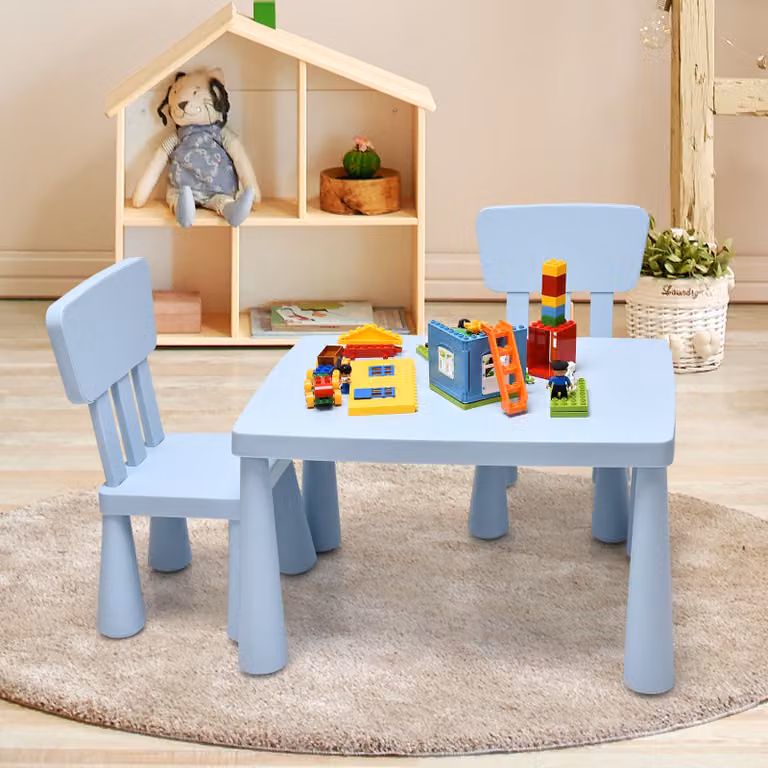 Set tavolo e 2 sedie per bambini Costway, colore azzurro, ideale per mangiare, disegnare e fare lavoretti