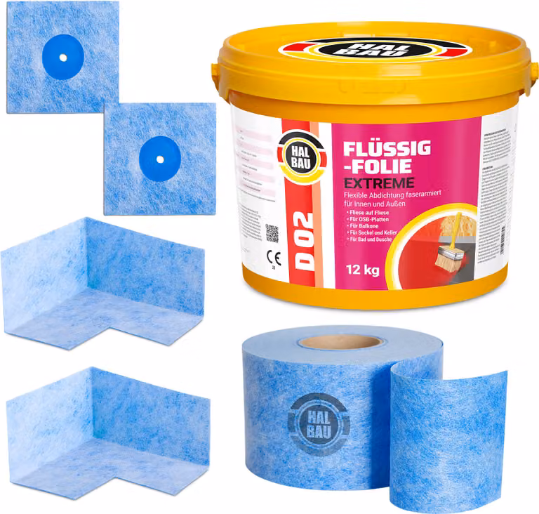 Kit di sigillatura per doccia da balcone: membrana liquida da 12 kg, nastro sigillante da 15 metri, angoli per esterno e interno, modello H318