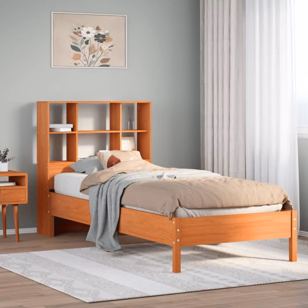 Letto Libreria vidaXL in Legno di Pino Massiccio Marrone Cera con Ripiani Laterali L/P/H: 200 x 100 x 110 cm