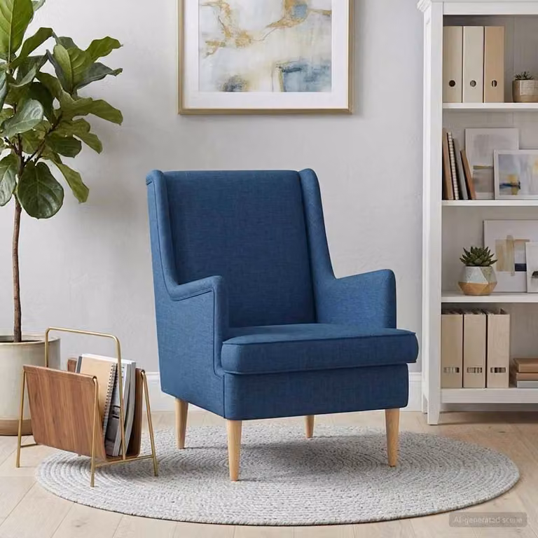 Poltrona moderna vidaXL in tessuto blu con braccioli e struttura in legno e metallo