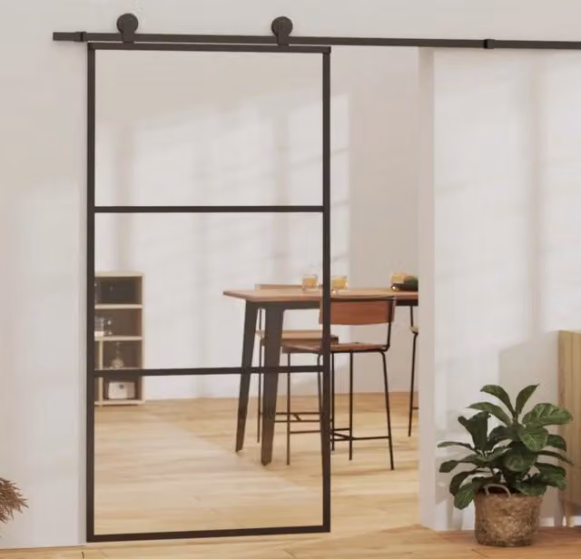 Porta Scorrevole vidaXL in Alluminio e Vetro Trasparente con Kit di Montaggio, Colore Nero, L: 102 cm, H: 205 cm – 1