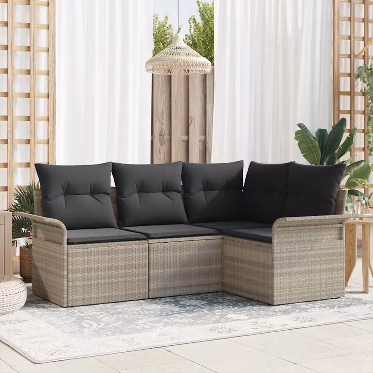 Set Divano da Giardino vidaXL 4 Pezzi a Forma di L Grigio con Tavolino e Cuscini in Polyrattan e Metallo