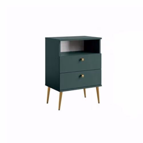 Comodino con 2 Cassetti e Vanos - Verde e Piedi in Metallo Dorato - Collezione Aurora