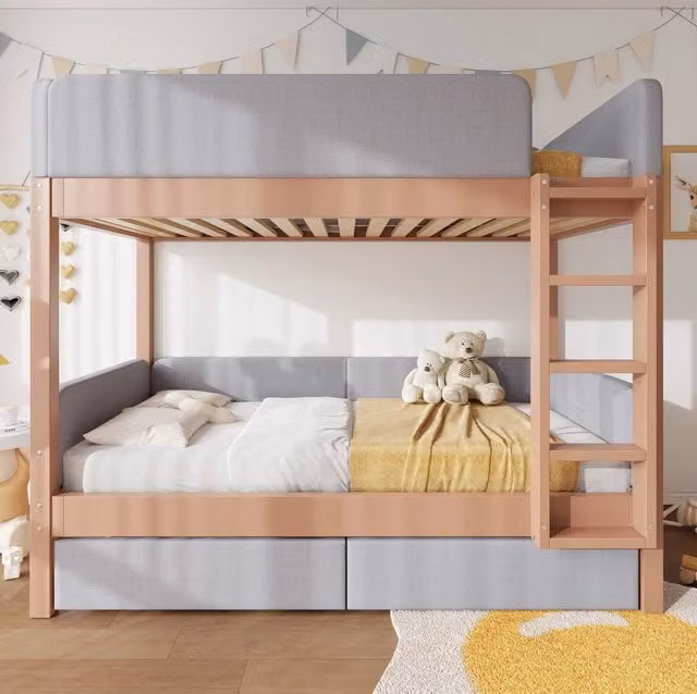 Letto a castello per bambini con 2 cassetti; scala dritta a 4 gradini; 90x200 cm; grigio