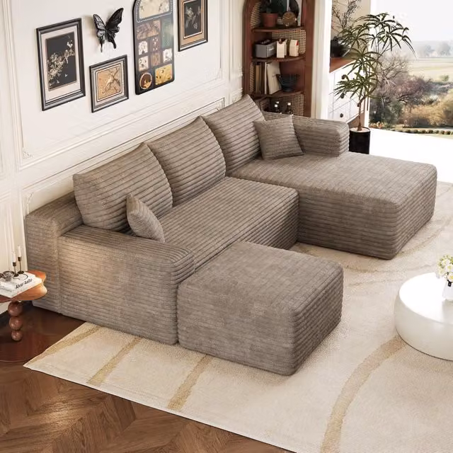 Divano angolare modulare 241x151x58 cm; divano effetto nuvola con seduta profonda; consegnato montato; velluto a coste; cammello
