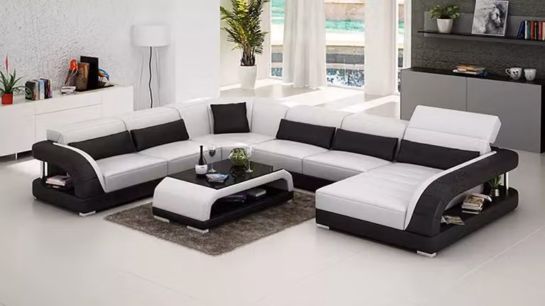 Design Ecksofa Wohnzimmer Möbel Moderne Eckcouch Lederpolster Couch Sofa + Tisch