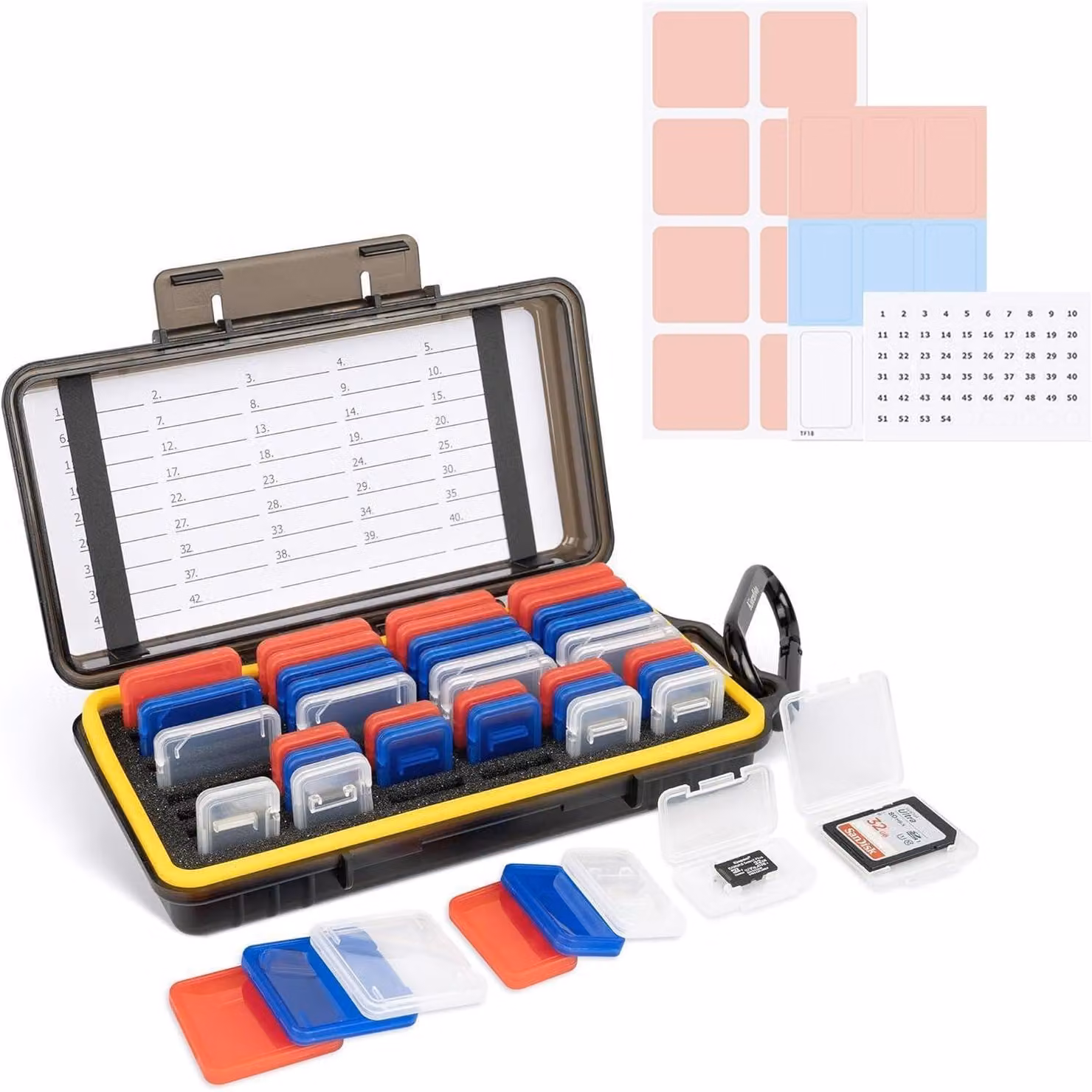 Custodia per schede di memoria, adatta a 24 schede SD e 18 micro SD, impermeabile, disponibile in 3 colori, con gancio a moschettone