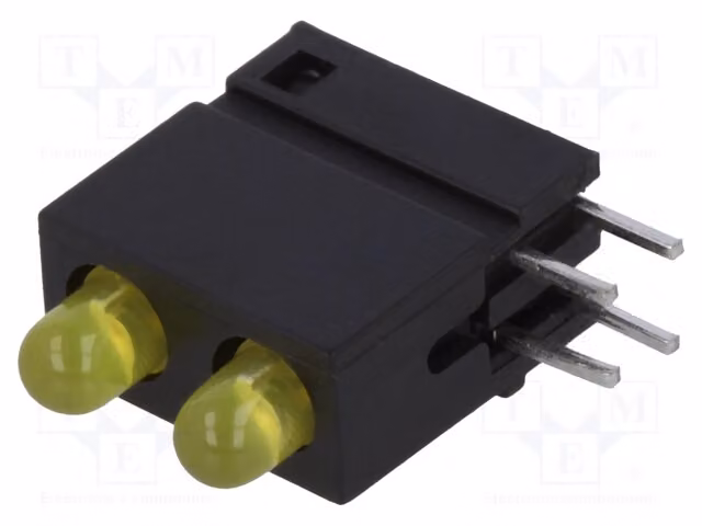 1 LED da 20mA, 3mm, giallo, alloggiato in un contenitore. Numero di diodi: 2. Lente: diffusa, gialla. DVDD211. LED