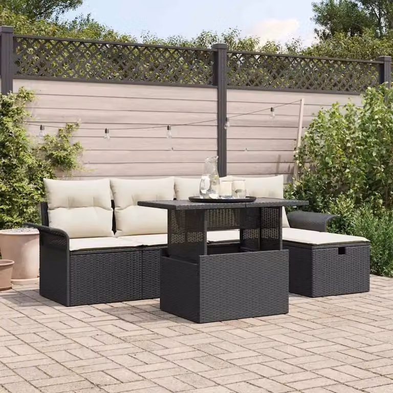 Set Divano da Giardino a L vidaXL in Polyrattan Nero con Cuscini e Tavolino da 6 Pezzi