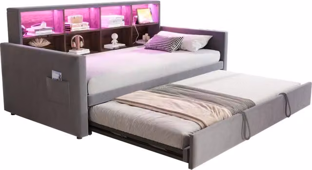 Letto Singolo Estraibile Chicfurn con Ripiani, LED e Porte USB/Tipo C, Rivestimento in Velluto Grigio, L/P: 90 x 190 cm