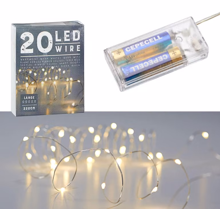 Catena luminosa a micro-LED, 20 luci bianche calde, 220 cm, colore argento