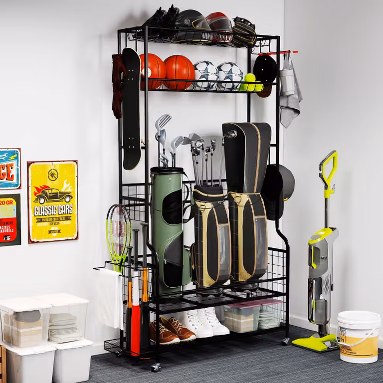 Scaffale portaoggetti con ruote Costway in metallo nero per attrezzature sportive e accessori da golf, ideale per garage e cantina