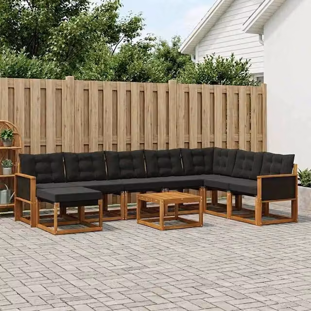 Set di divani da esterno vidaXL a forma di U composto da 9 pezzi in legno di acacia con cuscini beige e nero – 1