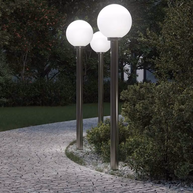 Set di 3 lampioni a dissuasore vidaXL in acciaio inox color argento con sensore di movimento, Altezza: 120 cm, protezione IP44