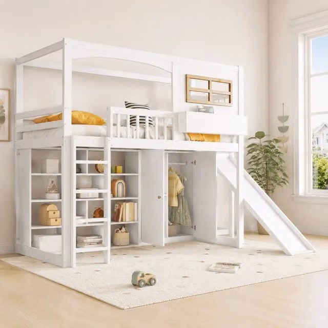 Letto a castello per bambini con scivolo; armadio e ripiani; 251×156×180 cm; bianco/naturale