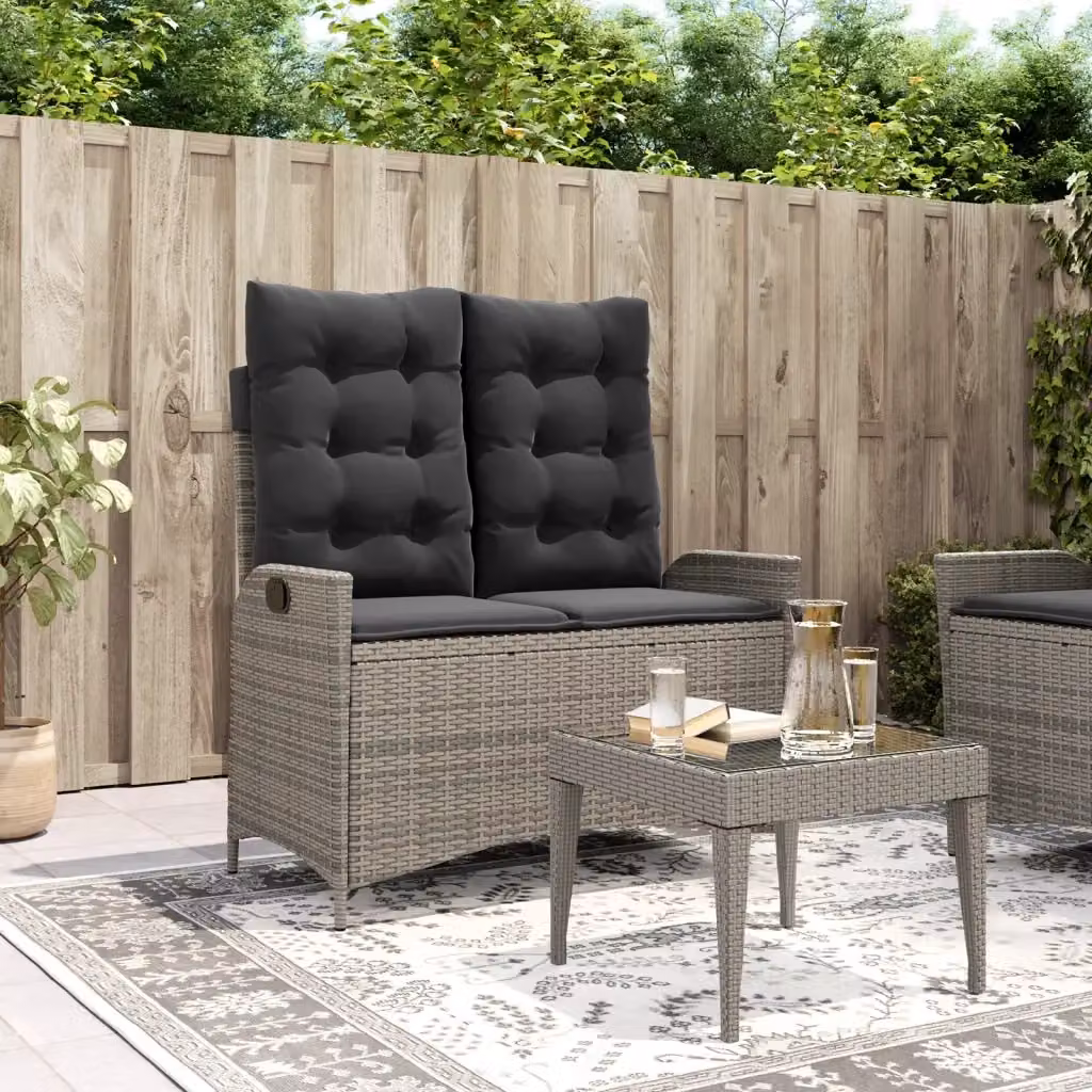 Panchina da Giardino Reclinabile in Polyrattan e Metallo con Braccioli e Cuscini Grigia – 2