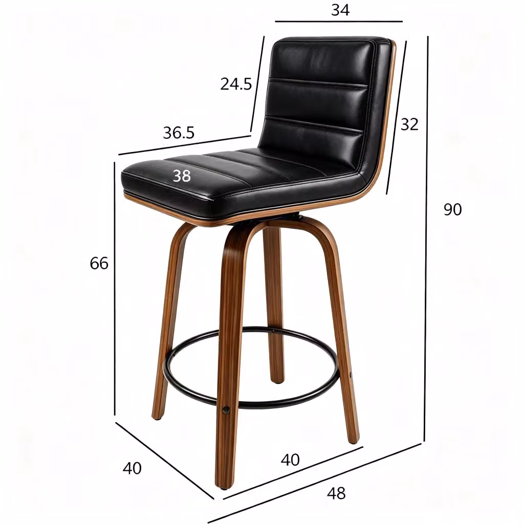 Sgabello da bar WISHDOR in ecopelle nera con schienale ergonomico e gambe in legno di faggio stile retro – 2
