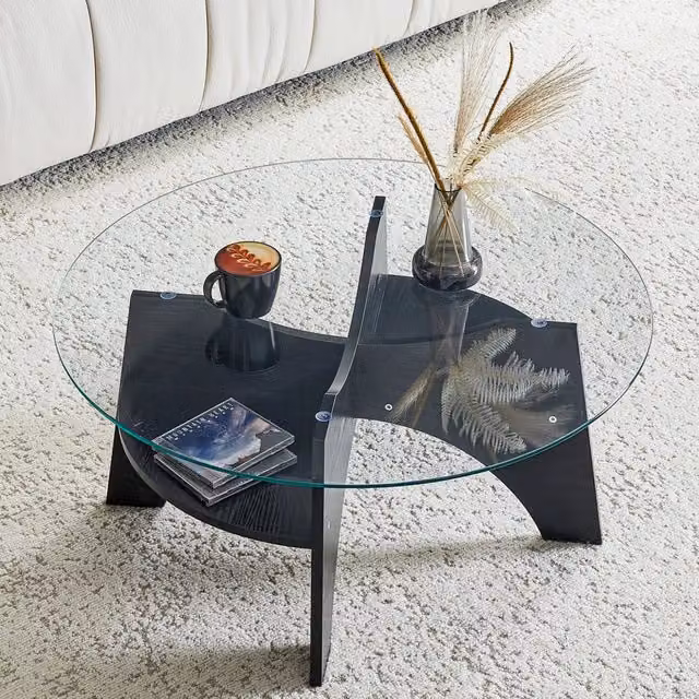 Tavolino rotondo moderno in vetro di sicurezza Ø 80 cm con gambe MDF effetto legno nero per soggiorno e ufficio