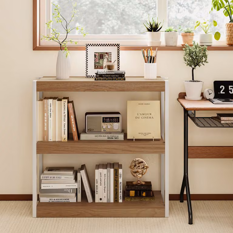 Libreria Costway a 3 ripiani in legno marrone per soggiorno con design minimalista e schienale aperto