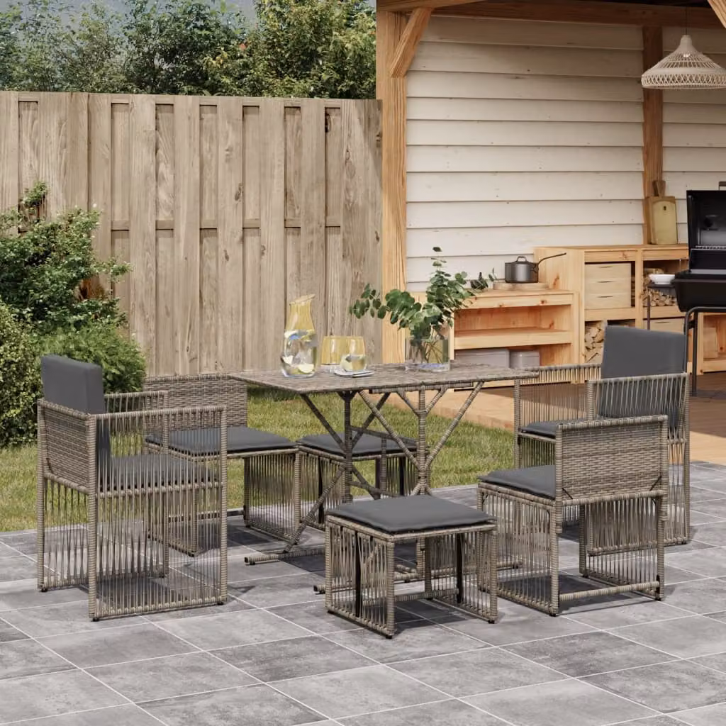 Set da Pranzo da Giardino vidaXL in Polyrattan Grigio con 7 Pezzi e Cuscini