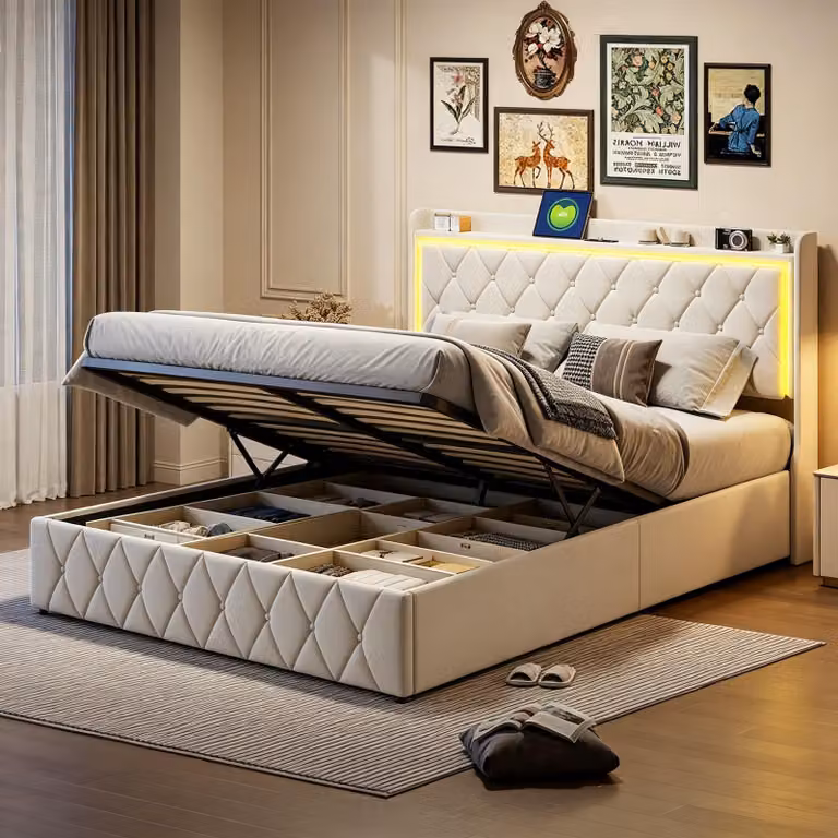 Letto imbottito INONEFT 160x200 cm con LED e caricabatterie USB, letto a una piazza o a due piazze per giovani, con rete a doghe, contenitore, letto box con sistema idraulico, in velluto, color beige