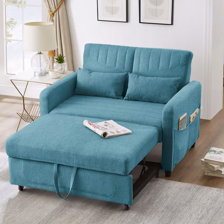 Divano letto allungabile Merax 2 in 1 con schienale regolabile a tre livelli, tessuto in cotone e lino traspirante, due posti con funzione letto, verde