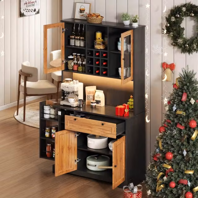 Credenza da cucina alta LED con 5 ante, cassetto e ripiani regolabili, in MDF nero e naturale, 105 × 40 × 180 cm