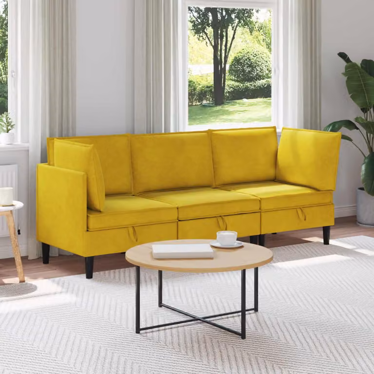 Set di mobili per il soggiorno vidaXL in velluto giallo composto da 3 pezzi con divano a 3 posti e elemento angolare a forma di L con design moderno e cuscini inclusi