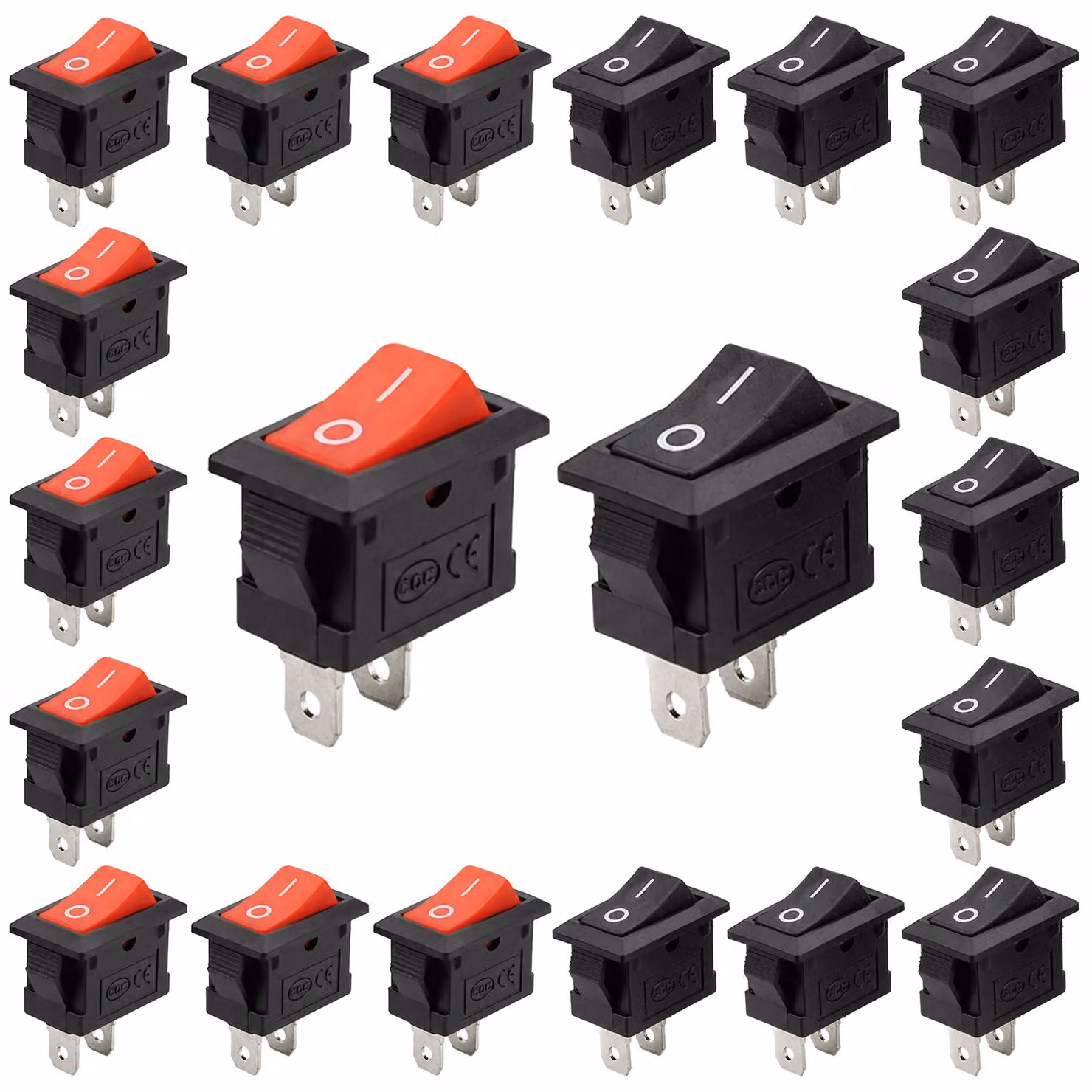 Mini interruttori a levetta, 20 pezzi, 2 poli, SPST, 10x15 mm, rosso/nero
