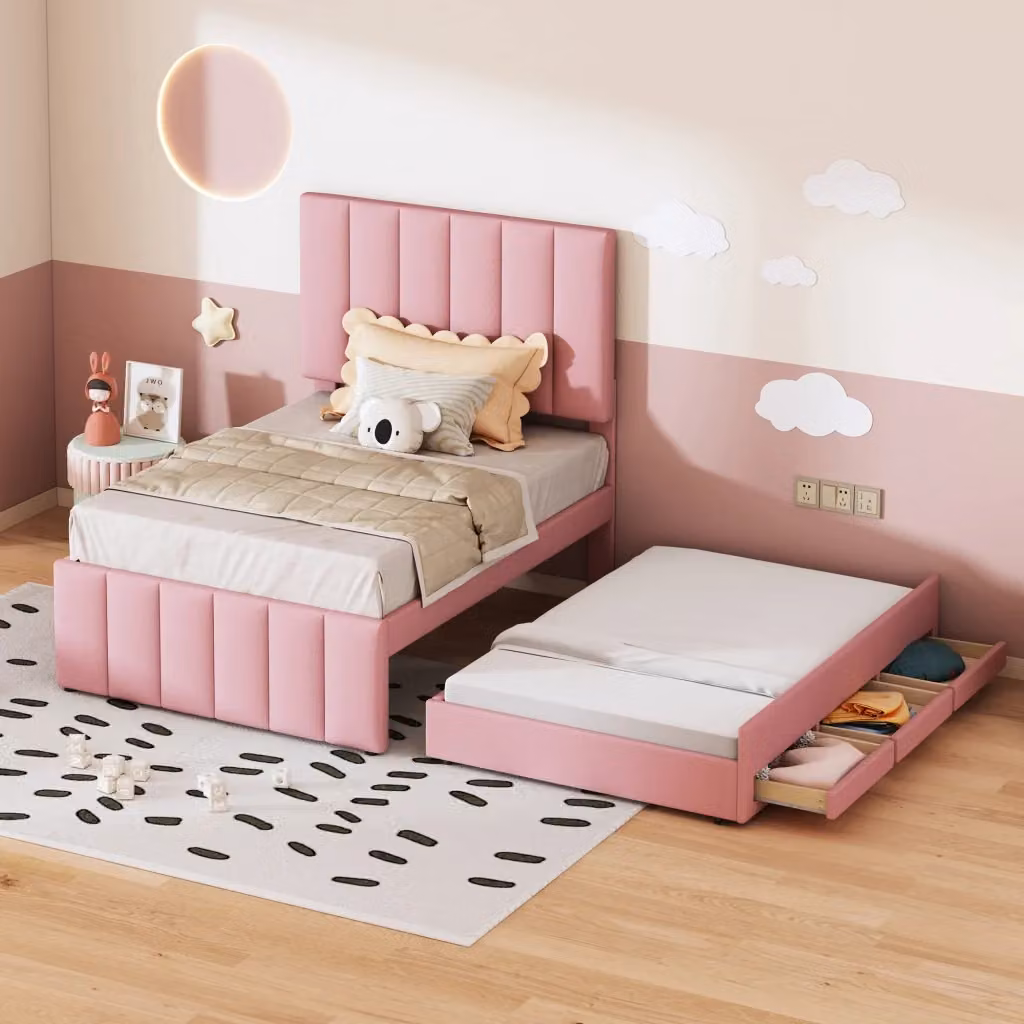Letto singolo imbottito Chicfurn con letto estraibile e 3 cassetti, colore rosa, L/P/H: 90 x 200 x 118 cm – 2